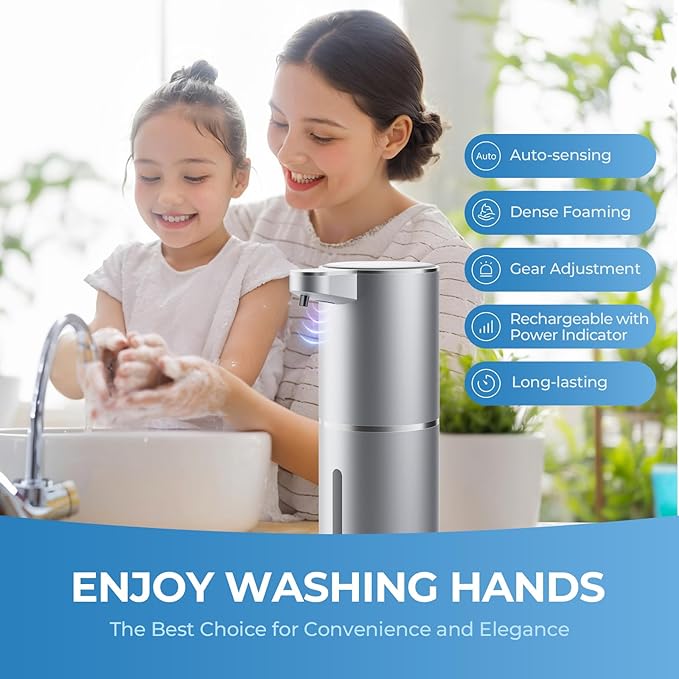 Wisekoti P11 Premium Space Gray Automatic Foaming Hand Soap Dispenser Touchless, Rechargeable Hand Foam Soap Dispenser for Bathroom and Kitchen