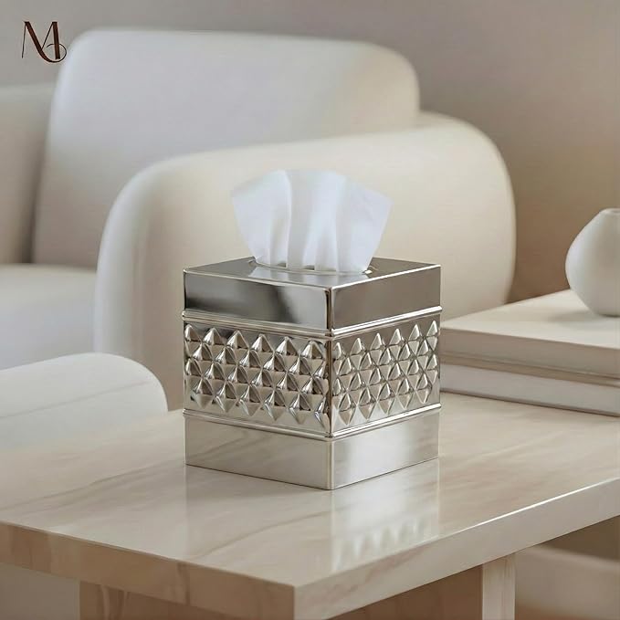 Monarch Abode Tissue Box Cover Square – Handcrafted Geo Embossed Nickel Chrome Finish Metal Tissue Holder Box for Bathroom Accessory, Aesthetic Decorative Facial Napkin Cube for Modern Home Décor