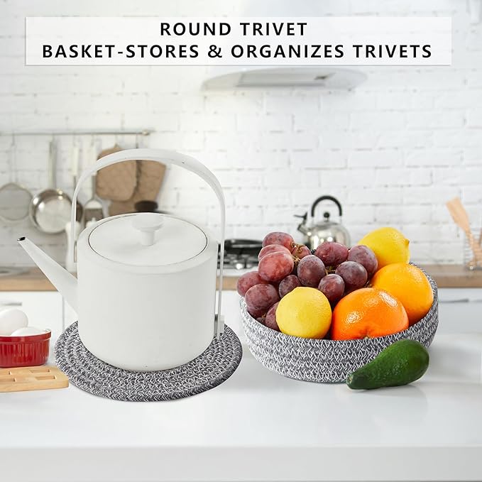 Coga Trivets for Hot Dishes, 5 Pack 7 Inch Cotton Hot Pads for Kitchen with Storage Basket, Round Pot Holders for Kitchen, Heat Resistant Mats for Countertop, Pots and Pans, Farmhouse Decor, D Grey