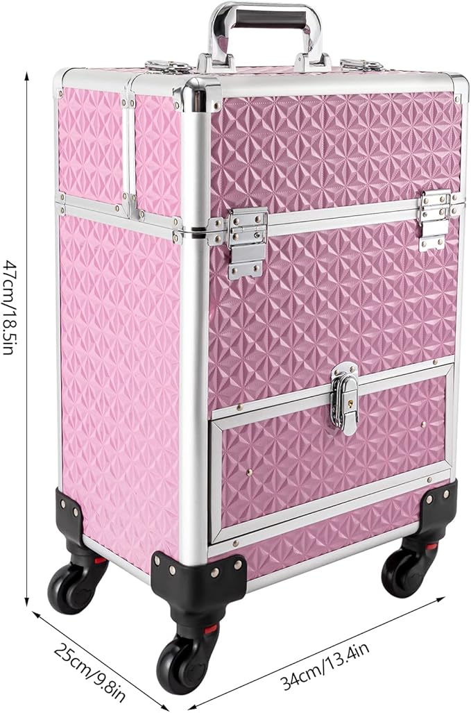 GUEYYSAN Rolling Makeup Case, Nail Storage Box with Wheels Portable Makeup Trolley for Beauty Studio Hairdressers Nail Technician (Pink)
