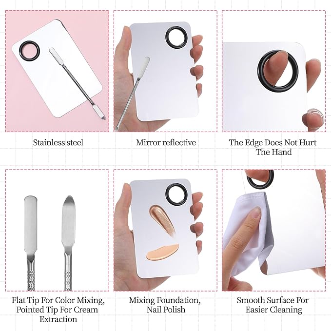 Ouligay 3 Pcs Makeup Spatula Tool Including Mixing Palette, Foundation Spatula, Palette Tray, Accessories Set For Women Girl Korean Cosmetic Tool (Metal)