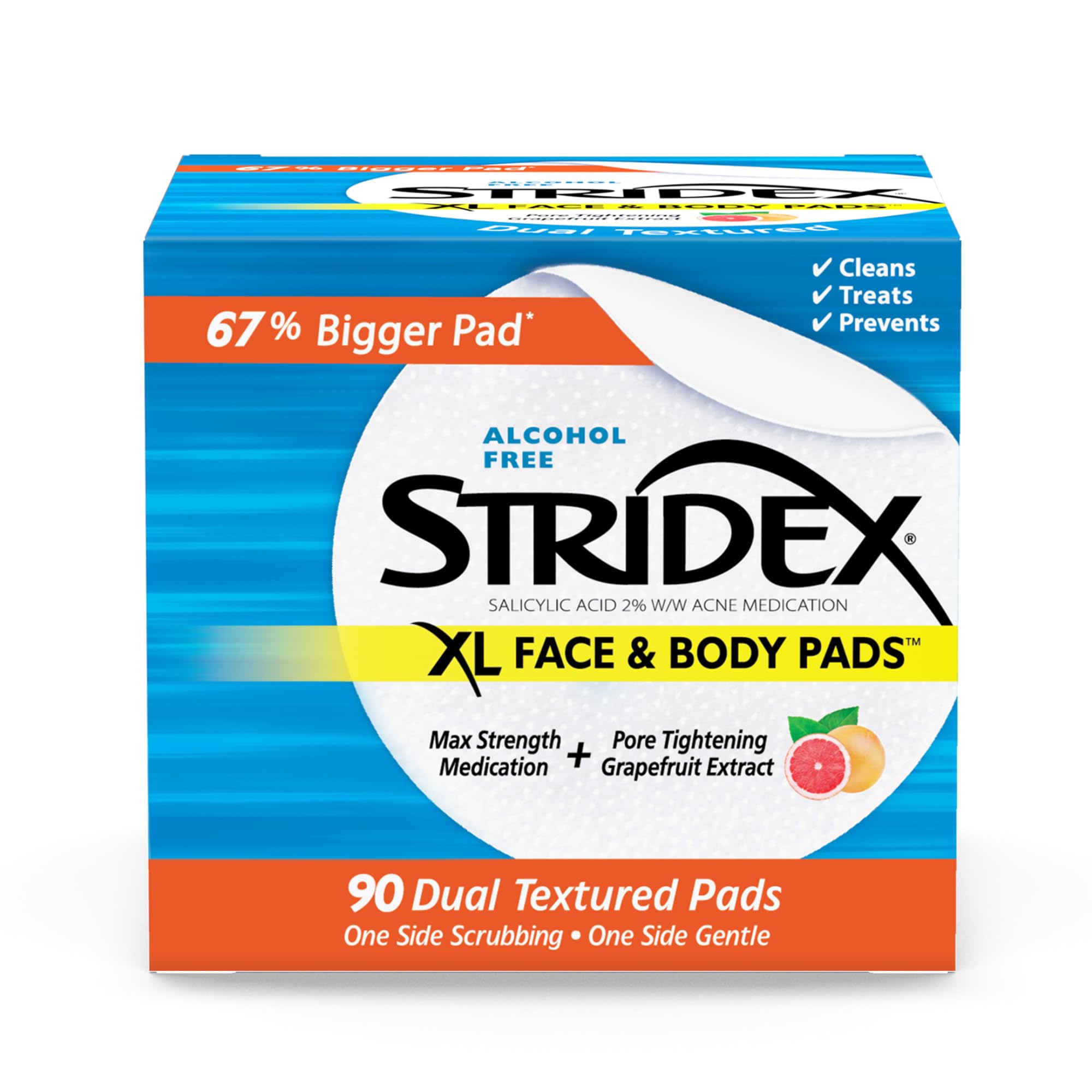 Stridex XL Face Body Pads, Exfoliating Salicylic Acid Acne Treatment, 90 Ct