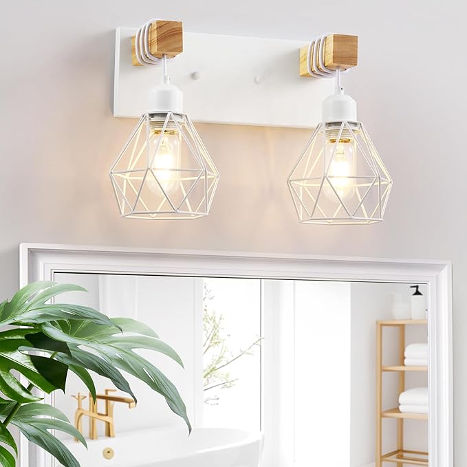 White Bathroom Vanity Light Fixtures, 2-Light Wood Bathroom Light Fixtures Over Mirror, Rustic Sconces Wall Lighting with Elegant Metal Lampshade for Living Room, Bedroom, Hallway