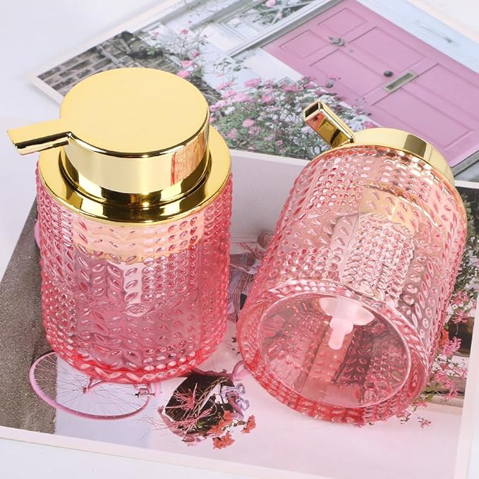 Fvstar 2pcs Glass Foaming Soap Dispenser, Pink Bathroom Foam Hand Soap Dispenser with Gold Pump, Refillable 10 Oz Lotion Shampoo Pump Dish Bottle Container for Bathroom Kitchen Decor
