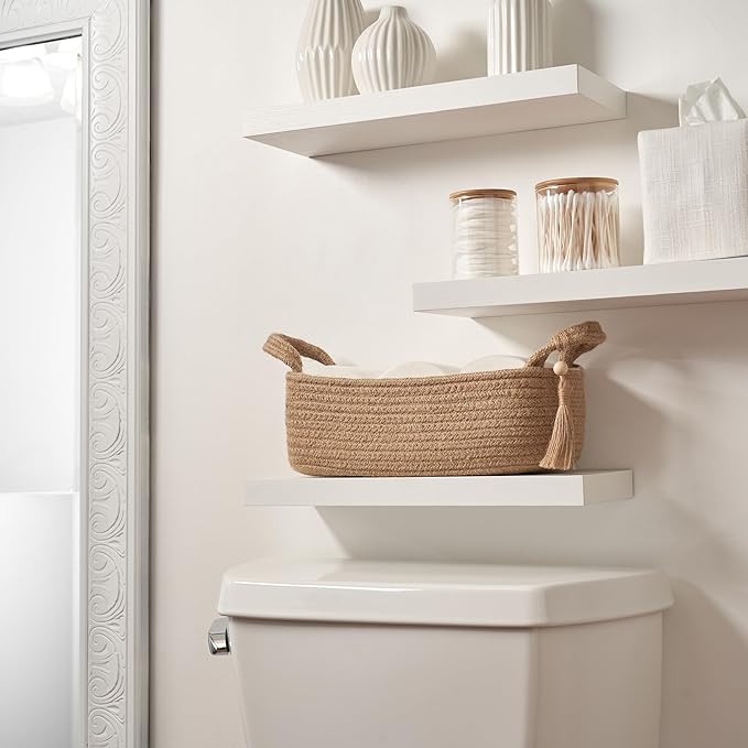 Decorative Toilet Paper Basket – Beautiful Bathroom Organizer for Toilet Tank Storage Decor – Boho Jute Cotton Rope Bin with Tassel for Bathroom Accessories and as Shelf Decor