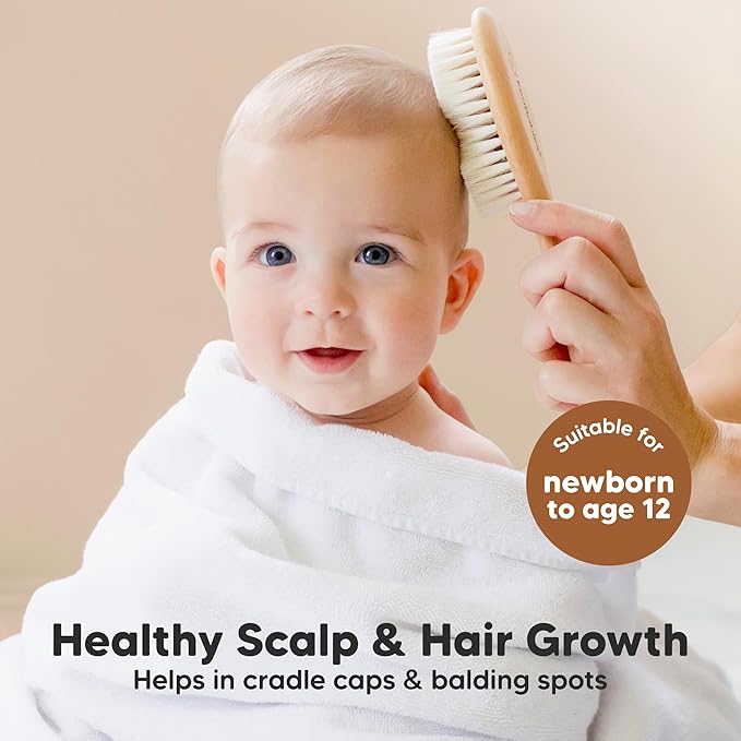 Wooden Baby Hair Brush - Cradle Cap Baby Brush with Soft Goat Bristles, Perfect Gentle Scalp Newborn Comb for Infant, Girls, Boys, Bath Essentials (Walnut, Regular)
