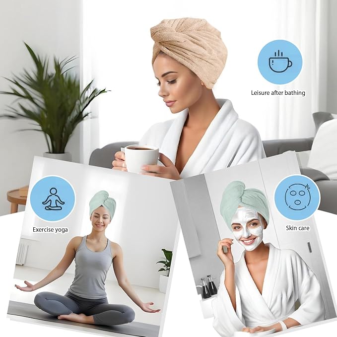 Microfiber Hair Drying Towel Wrap for Women, Hair Turbans Towel for Wet Hair,turbie Twist Hair Towels(The Color of the Picture is for Reference only) (Brown,Light Green)