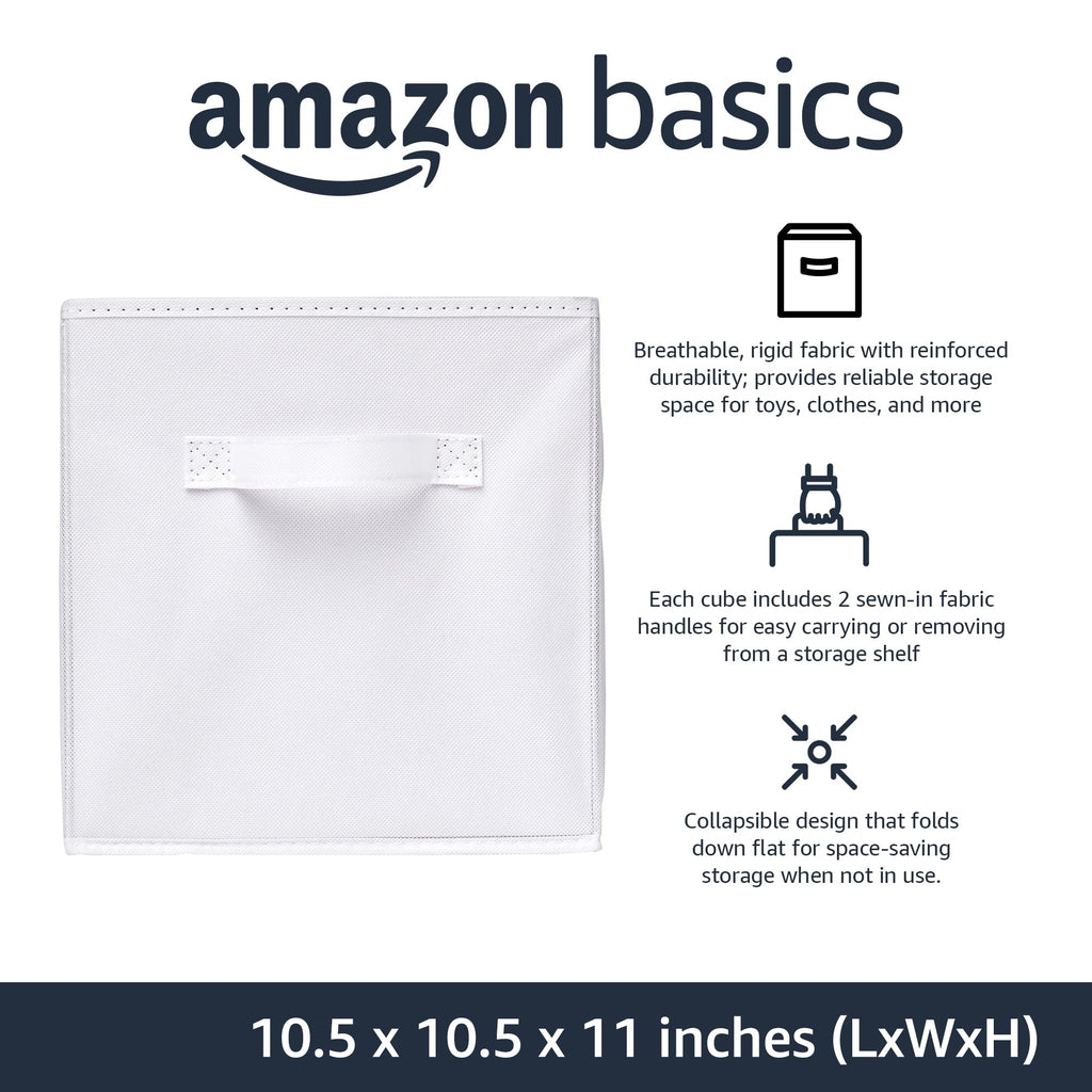 Amazon Basics Collapsible Fabric Storage Cubes Organizer with Handles, Sturdy Storage Bins, White, 10.5-x-10.5-x-11-inch, 6-Pack