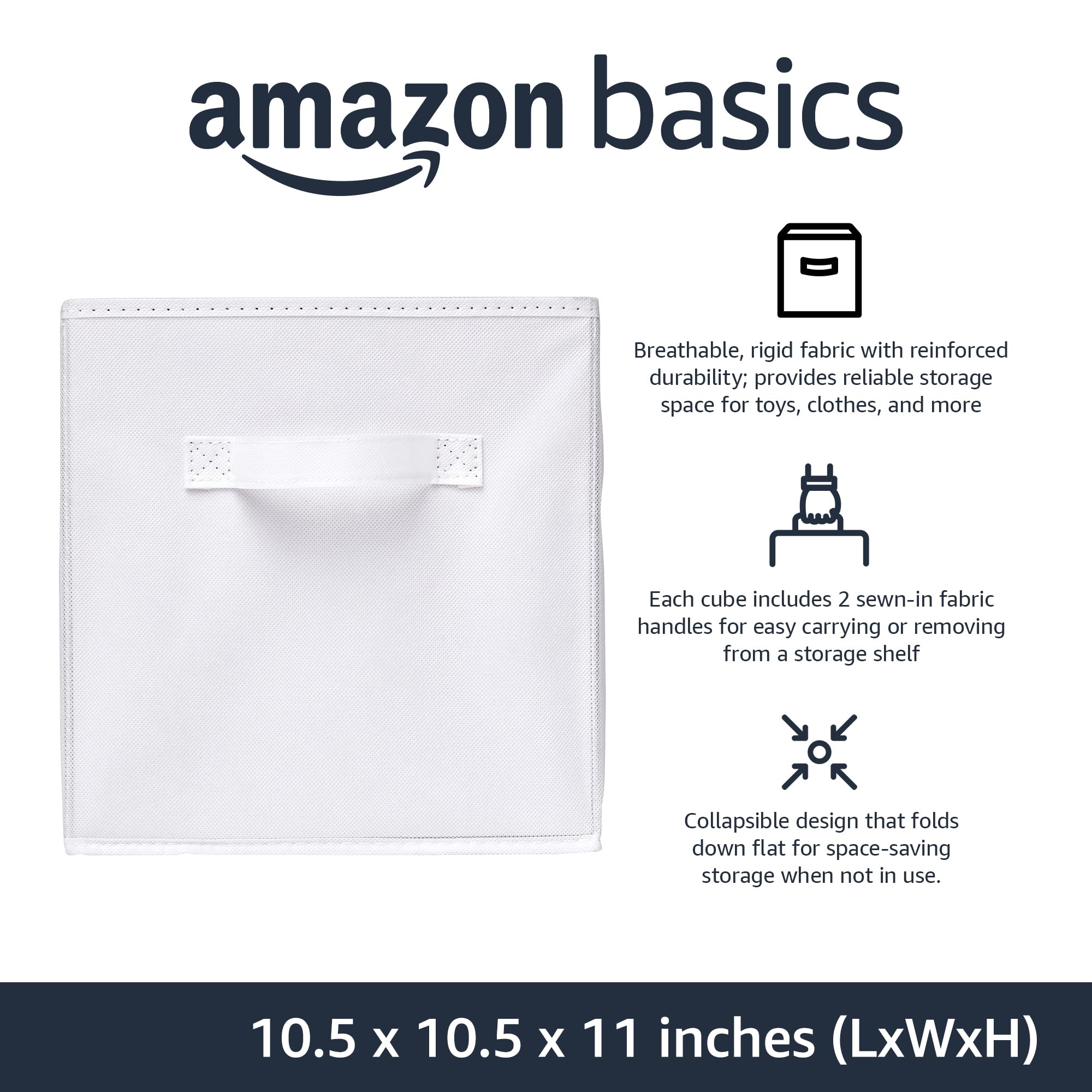Amazon Basics Collapsible Fabric Storage Cubes Organizer with Handles, Sturdy Storage Bins, White, 10.5-x-10.5-x-11-inch, 6-Pack