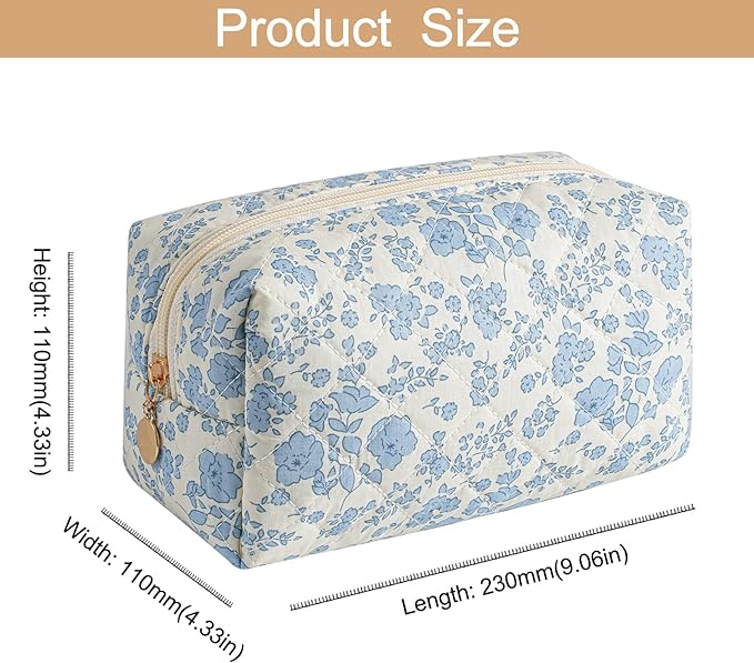 HHQQWZ Makeup Bag Travel Cosmetic Bag for Women Girls, Zipper Make Up Pouch, Floral Flowers Toiletry Organizer Makeup, Portable Storage Cosmetic Travel Cloth Bag (Blue Floral+Pink Bow Tie)