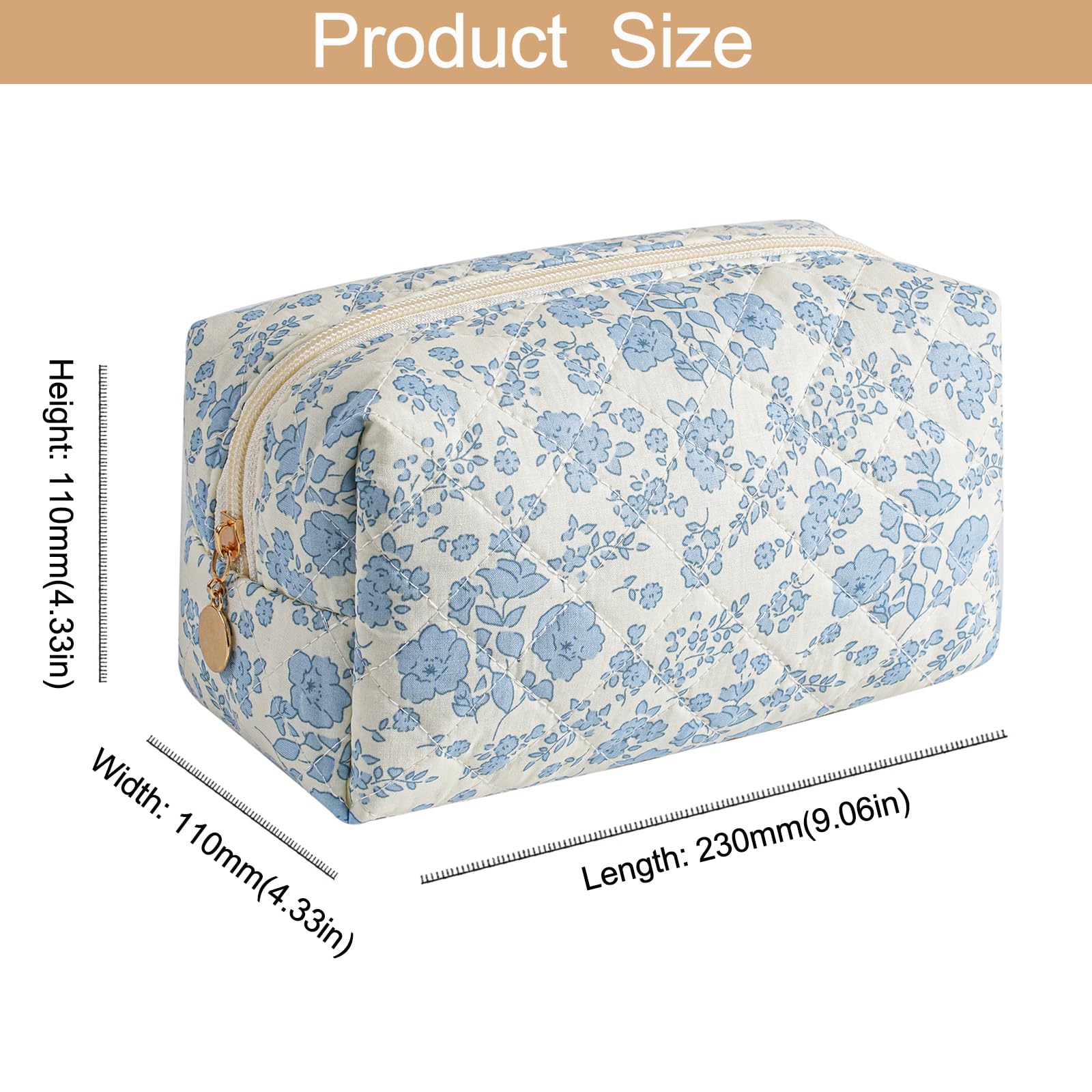 HHQQWZ Makeup Bag Travel Cosmetic Bag for Women Girls, Zipper Make Up Pouch, Floral Flowers Toiletry Organizer Makeup, Portable Storage Bag, Cosmetic Travel Cloth Bag (Blue Floral+Navy Blue Flower)