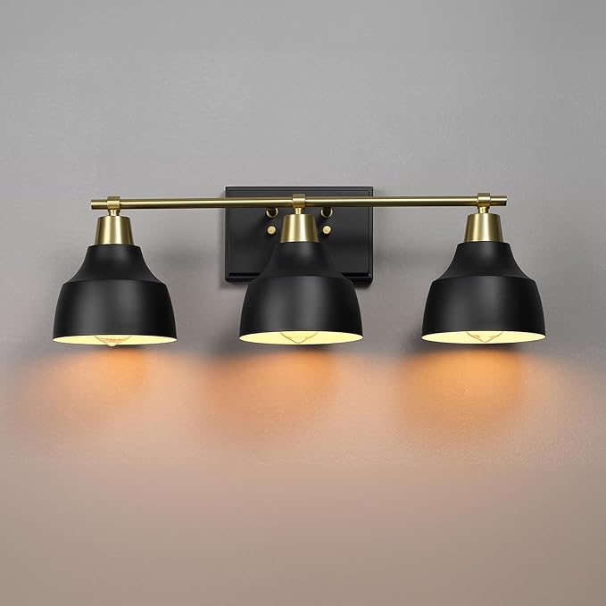 Globe Electric 63000204 5-Piece All-in-One Bathroom Accessory Set, 3-Light Vanity Light, Matte Black & Brass, Towel Bar, Robe Hook, Toilet Paper Holder, Towel Ring, Bath, Bathroom Lights Over Mirror