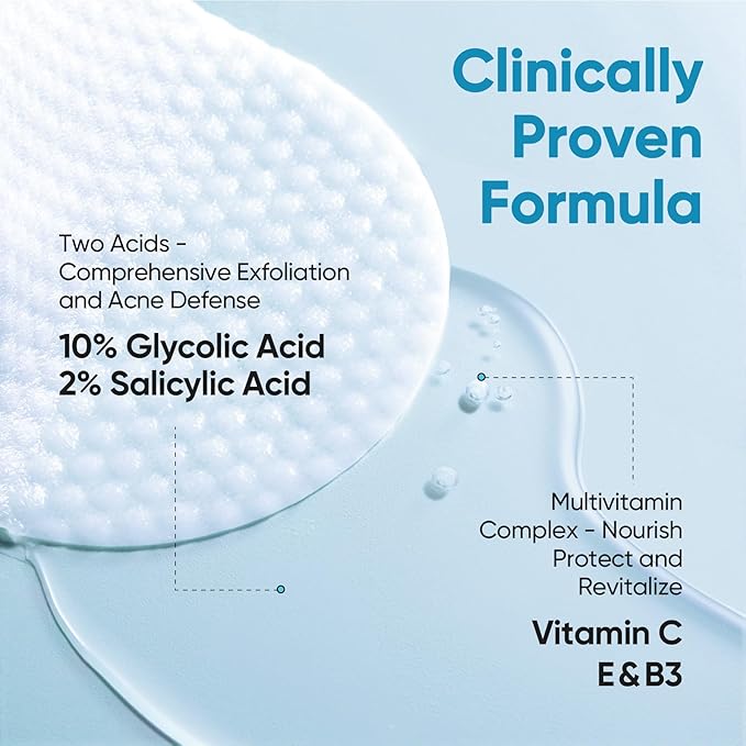 Elvira Glycolic Acid Exfoliating Facial Pads With 10% Glycolic Acid, 2% Salicylic Acid & Niacinamide - 60 Toner Pads, Daily Peel Treatment for Acne Prone Sensitive Skin
