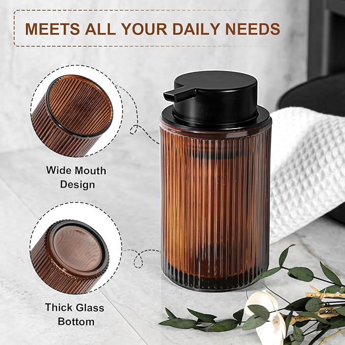 Amber Glass Foaming Soap Dispenser, Ribbed Foam Hand Soap Dispenser for Bathroom, 11 Fl Oz 2 Pack Refillable Foaming Pump Bottle with Black Pump, Modern Dish Soap Foam Dispenser