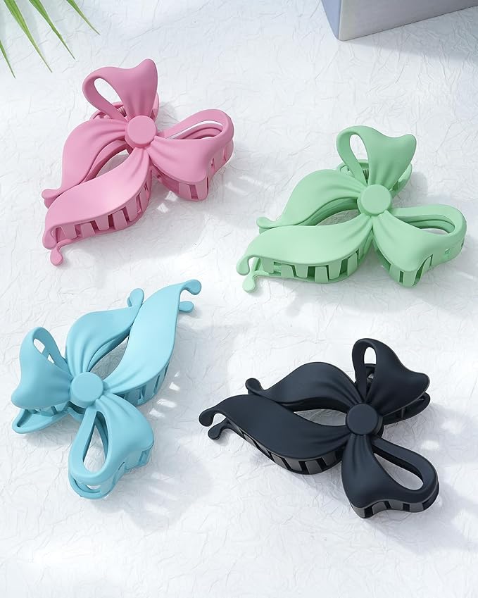 4 PCS Bow Hair Clips Bow Claw Clip for Women, Large Hair Claw Clips for Thin Thick Long Hair Cute Nonslip Bows (Blue+Pink+Green+Blue+Black)