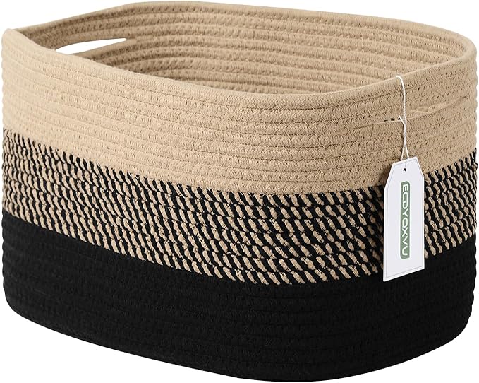 Cotton Rope Storage Basket, 15x10x9 Inches, Woven Basket for Shelves, Clothes, Towels, Books, and Laundry, Gradient Black/Brown (1 Pack)