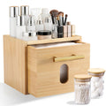 BSSN Bamboo Disposable Face Towel Holder Storage Drawer, Compatible with Clean Skin Club Towels, Include Glass Cotton Ball Holders, Bathroom Countertop Organizer for Skincare Accessories