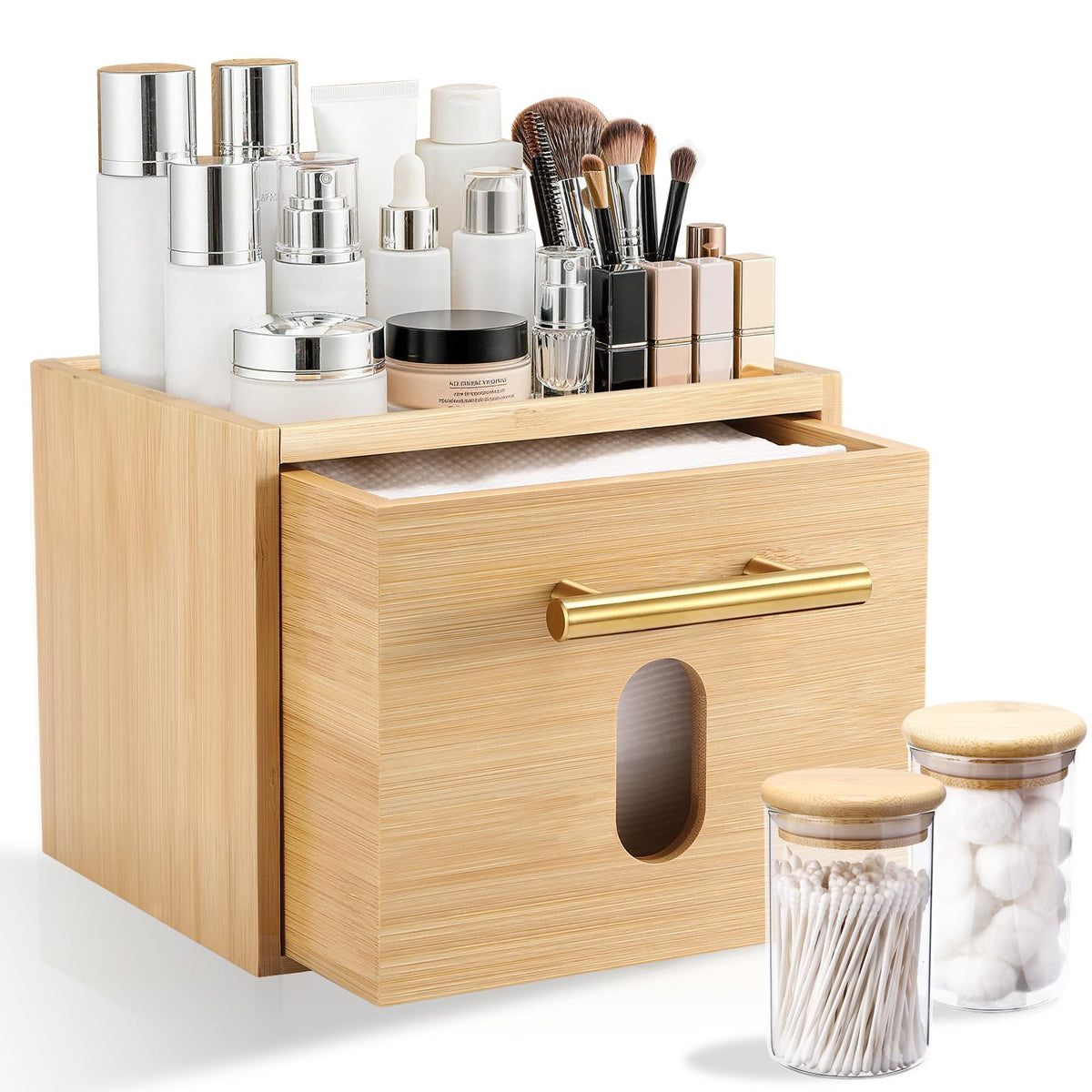 BSSN Bamboo Disposable Face Towel Holder Storage Drawer, Compatible with Clean Skin Club Towels, Include Glass Cotton Ball Holders, Bathroom Countertop Organizer for Skincare Accessories