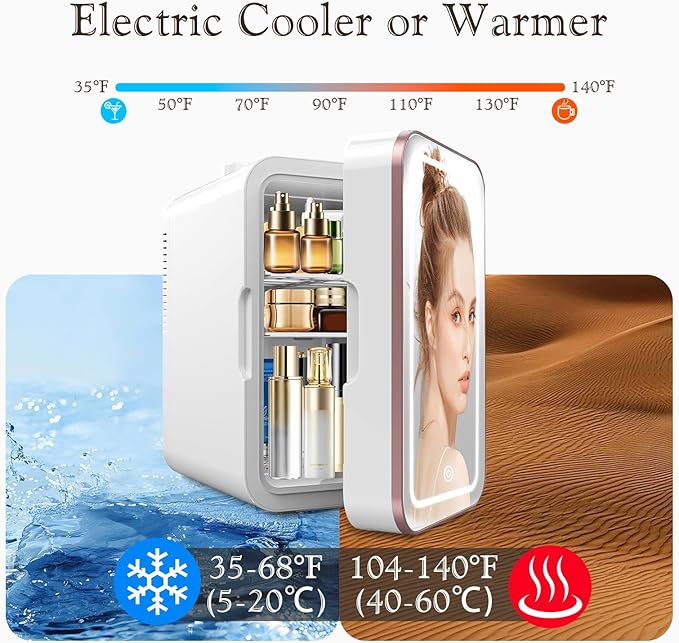 YLFU Mini Fridge for Bedroom, 6L Skincare Fridge with LED Mirror for Dorm & Office, Portable Cooler & Warmer Small Compact Refrigerator for Skincare, Makeup and Cosmetics