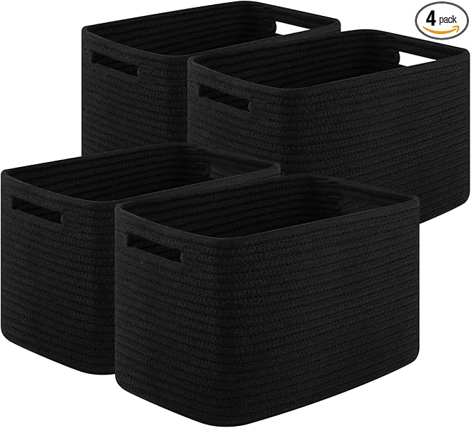 Storage Baskets for Organizing, Woven Decorative Baskets for Shelves - Books, Towels, and Clothes, Cotton Rope Toy Storage Bins, 12.7''Lx9''Wx7.8''H, Pack of 4, Black