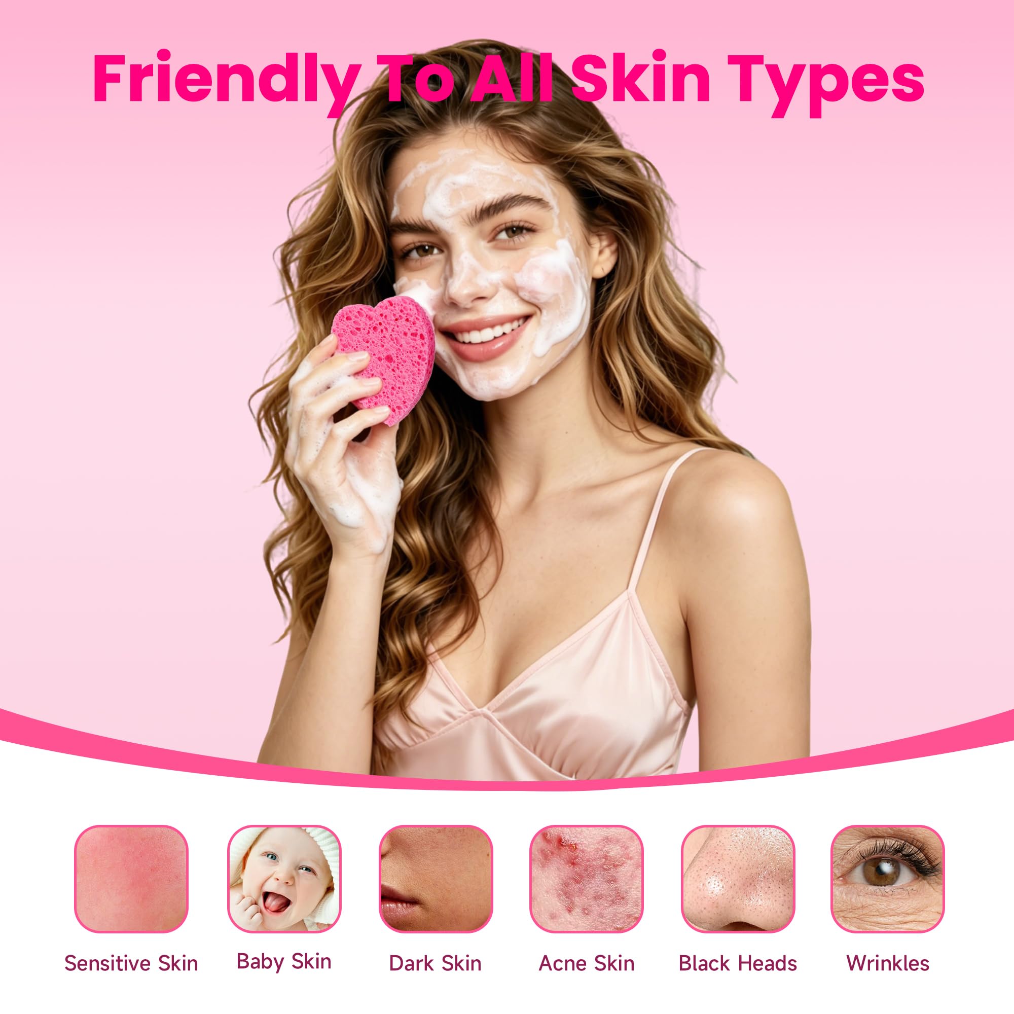 Silkyhose Women 120-Count Compressed Cellulose Heart Shape Face Facial Sponges 100% Natural Cosmetic Sponges for Facial Cleansing Exfoliating Mask Skin Massage (（Pink） 120 Count)