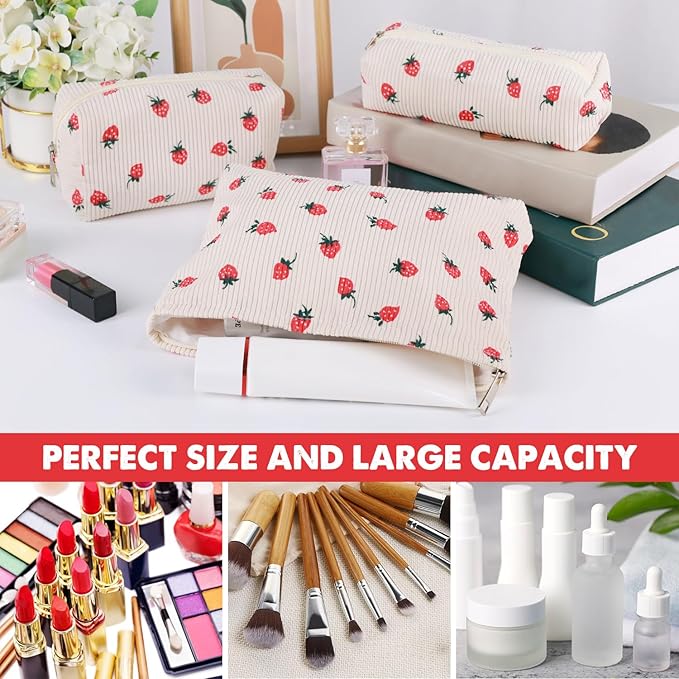 Gocvo 3 Pcs Makeup Bag Cosmetic Bag Set for Girls Women Travel Organizer Bathroom Toiletry Pouch Large Capacity Storage Bag (Strawberry Beige)