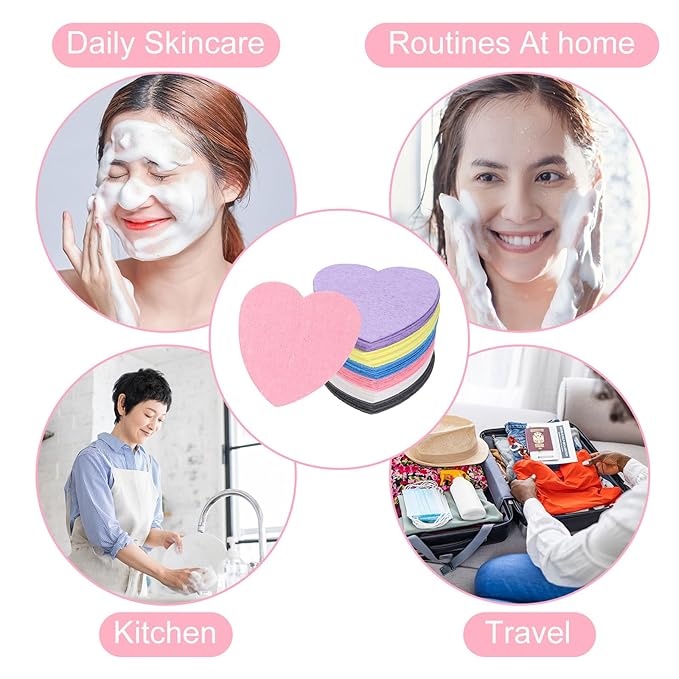 uxcell 120 Count Compressed Facial Sponges Heart-Shaped Face Cleansing Sponges Pads for Daily Skincare Routines at Home, Kitchen, Travel, Blue