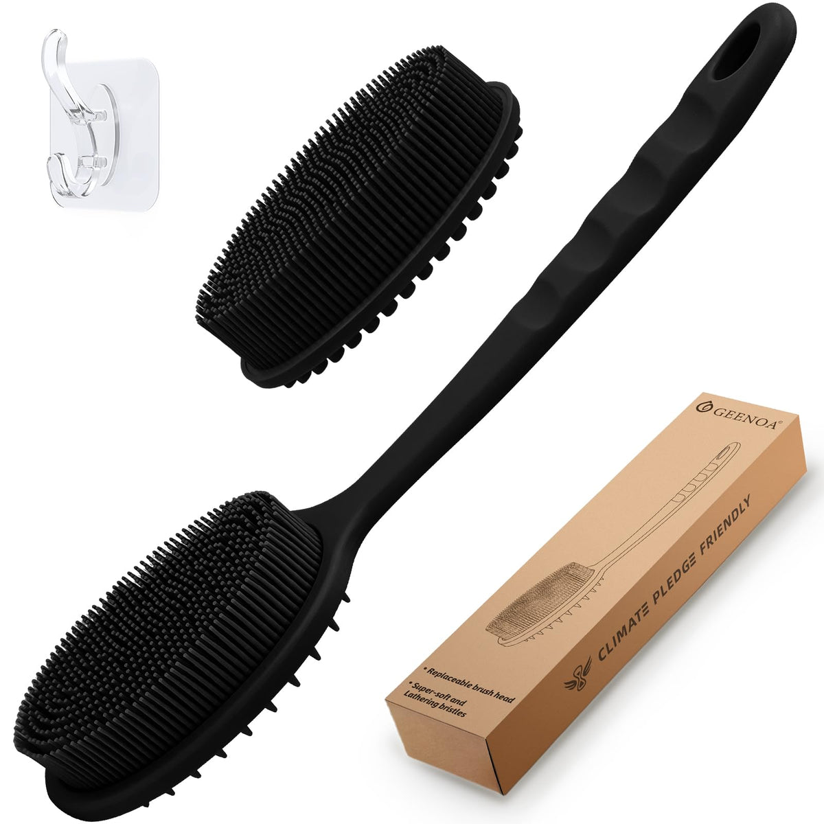 GEENOA Silicone Back Washer for Shower, Gentle Exfoliating Body & Back Scrubber with Handle, Silicone Loofah with Two Dual-Side & Replaceable Brush Heads(Green-Two Heads)