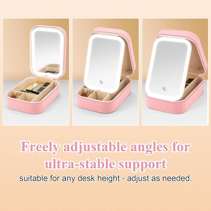 Small Travel LED Makeup Mirror Case with 3 Adjustable Color Light Settings, Dust-Proof Jewelry Box, Mini Cosmetic Train Case Ideal for Short Trips (Croc Pink)