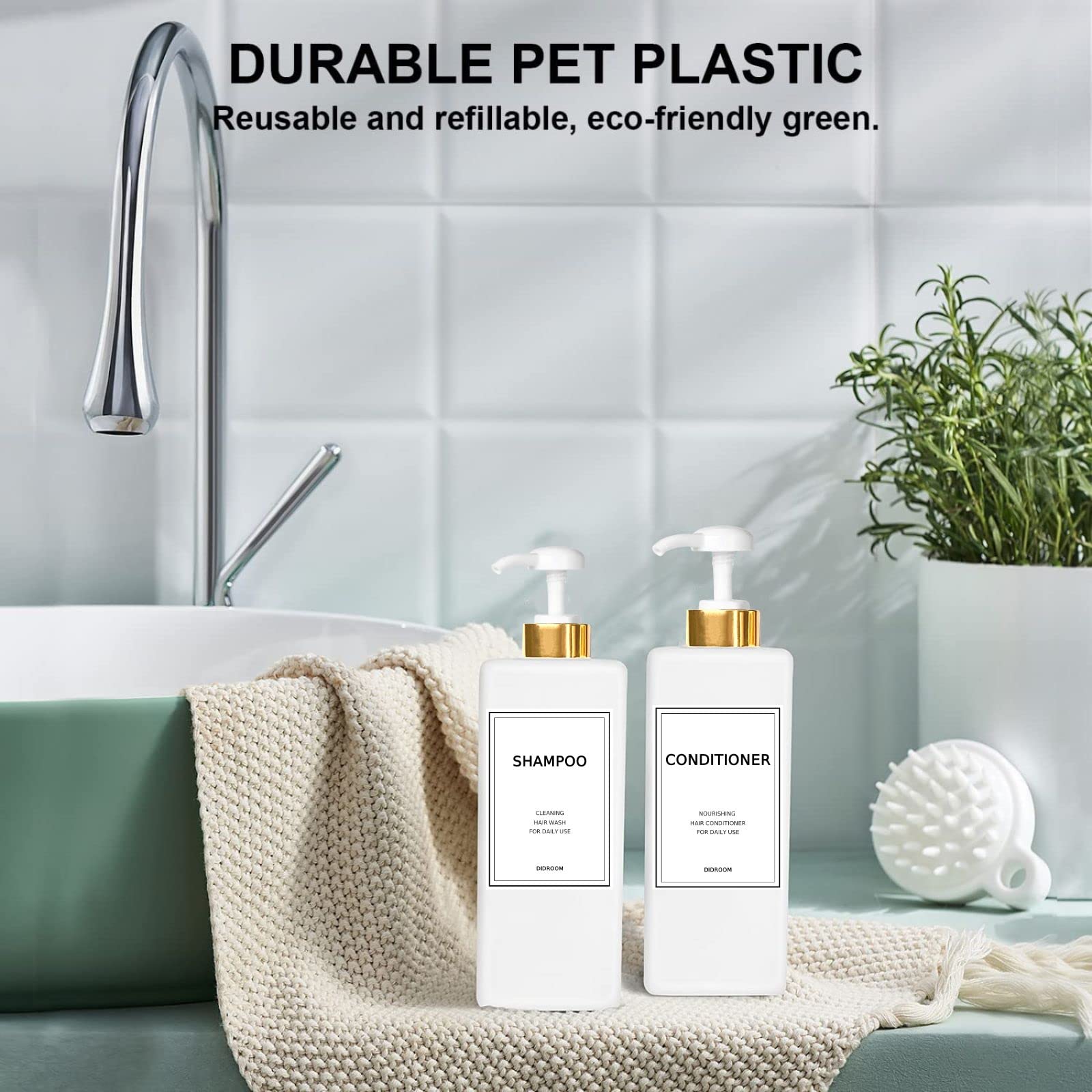 Modern Silver Shampoo and Conditioner Dispenser (21 oz, Pack of 3) Refillable Pump Bottle Set Empty Shower Plastic Bottles with Pump for Bathroom Body Wash Soap and Shower (Gold)