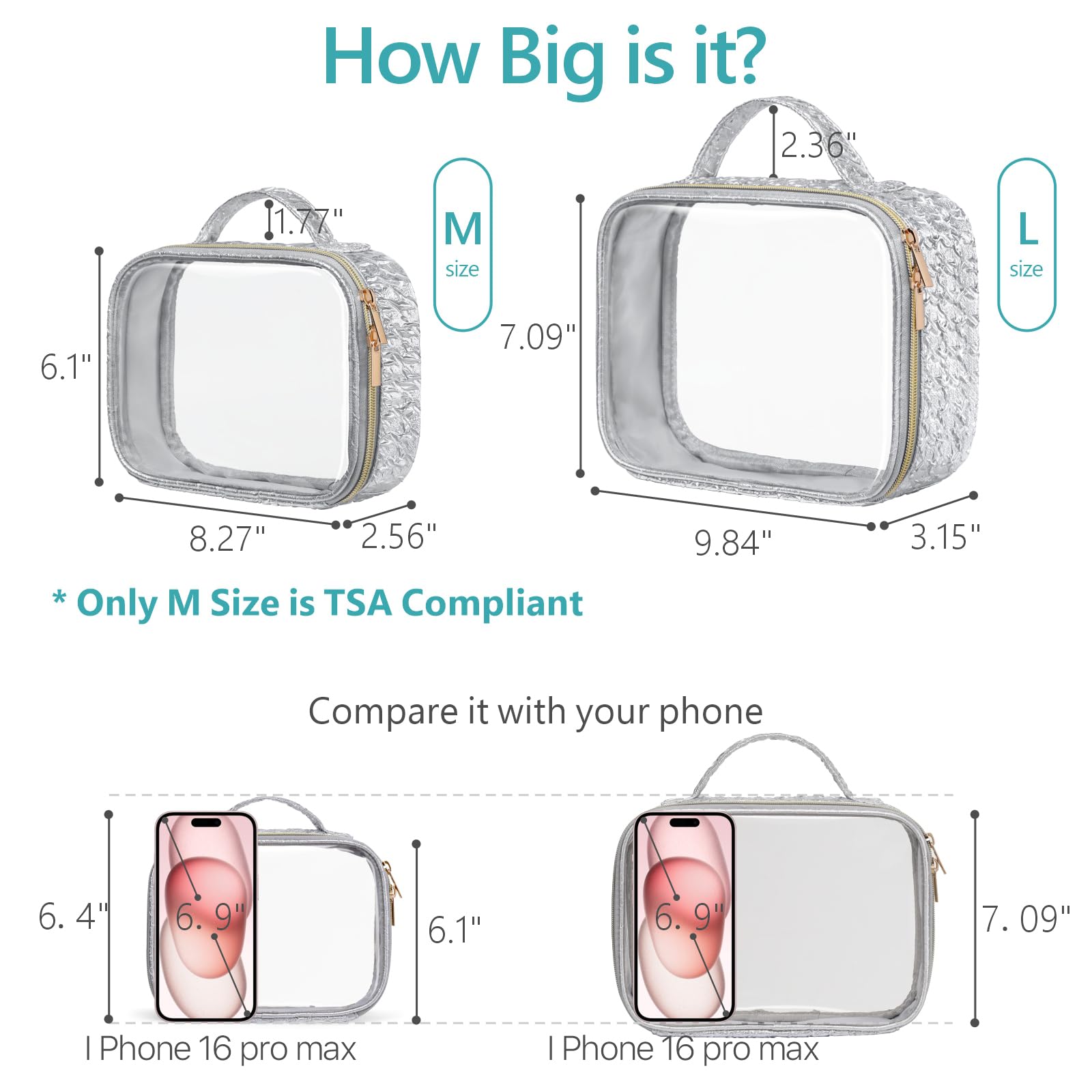 PACKISM 2 Pack Clear Makeup Bag Set (1 Large 1 Medium) - Foldable TSA Approved Toiletry Bag for Carry-on & Checked Luggage, Water Resistant Car Storage Organizer, Silver