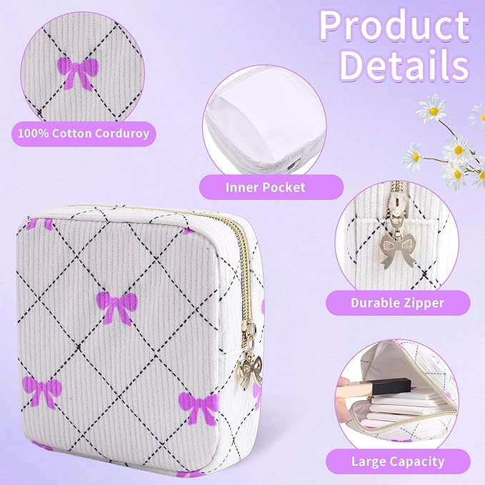 Teircno Period Bag for Women - Cute Corduroy Sanitary Napkin Storage Bag with Bow Design | Period Pouch for Daily Use, Travel | Discreet Menstrual Pouch | Pad Bags for Period Holds Pads, Tampons