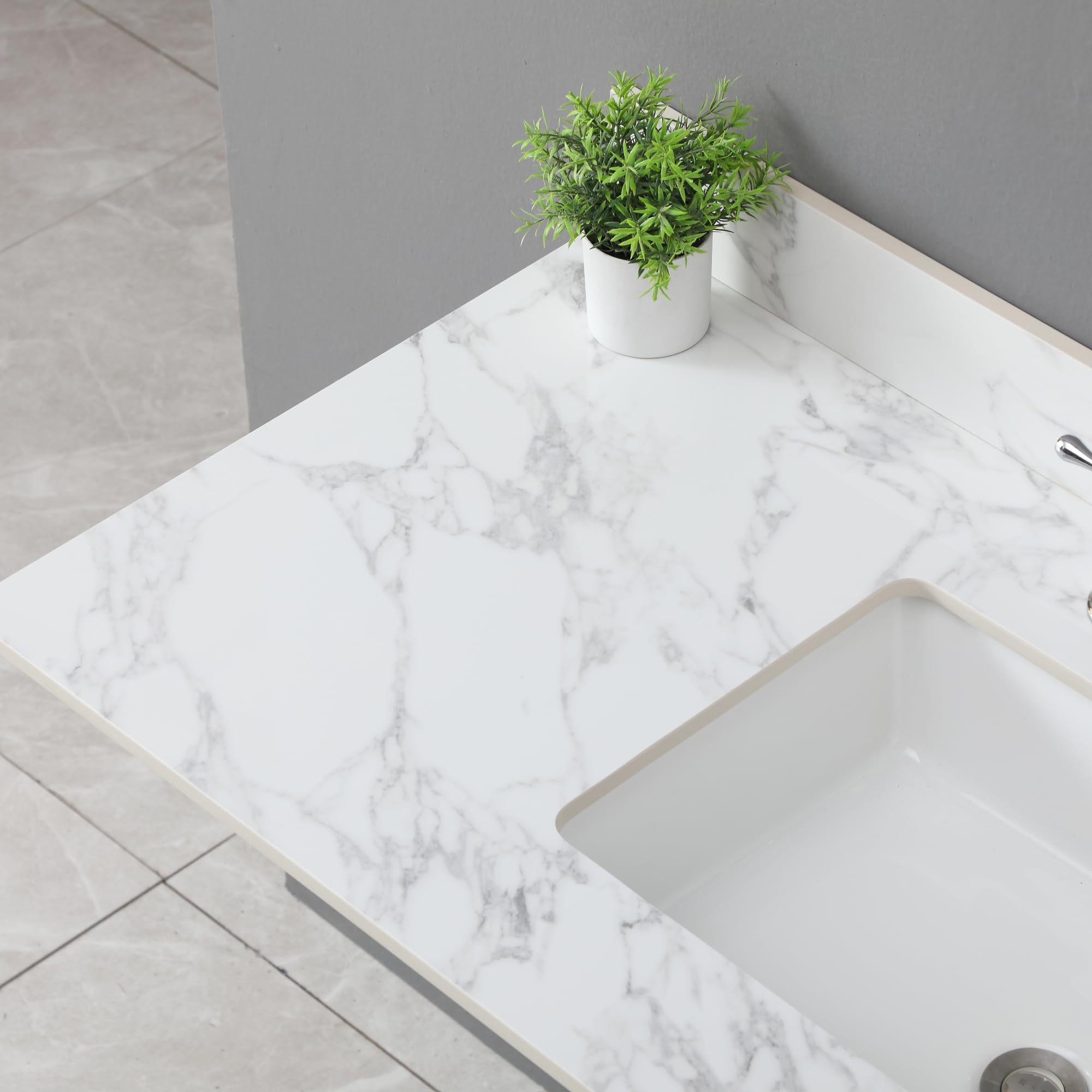 Montary 42" Bathroom Vanity with 43" Sintered Stone Carrara White Top, Modern Stylish MDF Bathroom Storage Cabinet, Vanity Set with 2 Doors and One Large Divided Drawer, White (Single Hole)