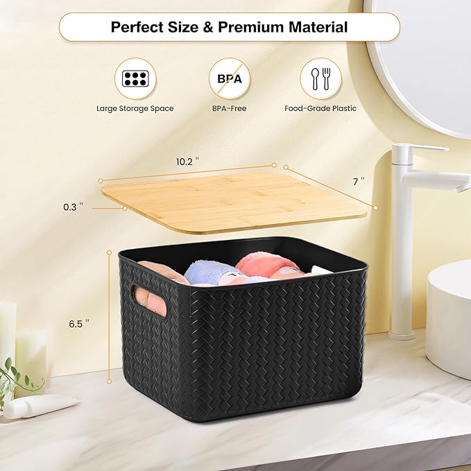 4 Packs Storage Bins with Bamboo Lids - Plastic Storage Containers with Lids Stackable Storage Box: Storages Baskets for Organizing Desktop Closet Playroom Classroom Office, Black