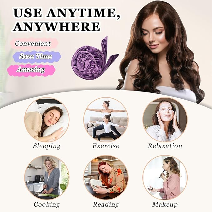 Gwabee No Heat Overnight Curl Headband, 70" Soft Ribbon Wrap with 9 PCS Curling Rods and Yoga Strap - Purple