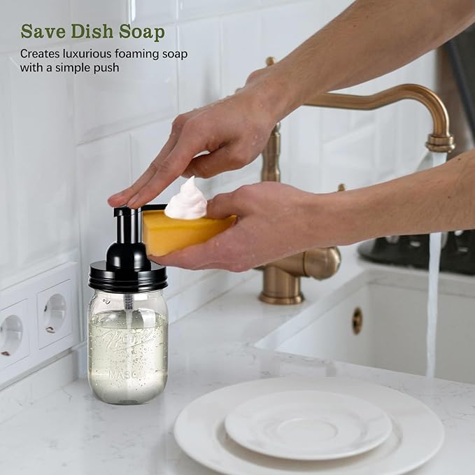 Amolliar Plastic Mason Jar Foaming Soap Dispenser with Pump Lid,16OZ Refillable Hand Soap Dispenser Set with Cute Lables - Farmhouse Decor for Kitchen/Bathroom, Lotion Liquid Dish Soap (2 Pack, Black)