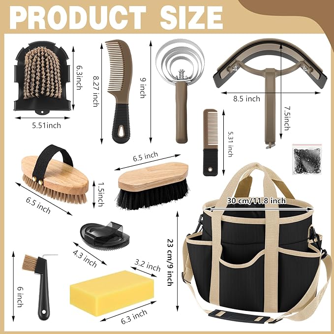 Abbylike 12 Pieces Horse Grooming Kit with Organizer Tote Bag Tack Room Supplies Horse Brush Sets Equine Care Cleaning Kit Shedding Grooming Massaging Tools(Black and Dark Grey)