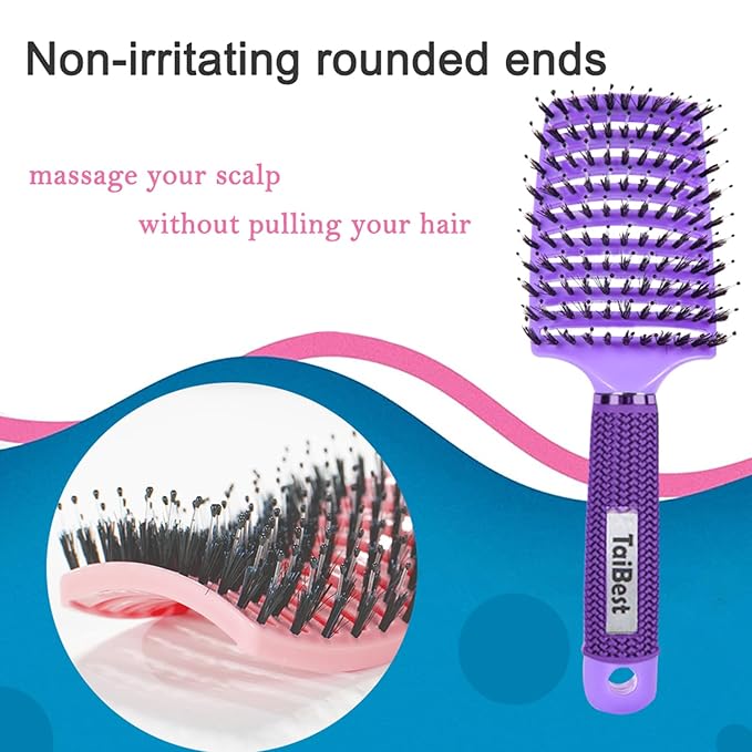 TaiBest Boar Bristle Hair Brush Set - Dry/Wet Hair Brush Detangler for Fine, Thick, Curly Hair - Curved and Vented Brush for Women, Men or Kids (Purple & Rose Red)