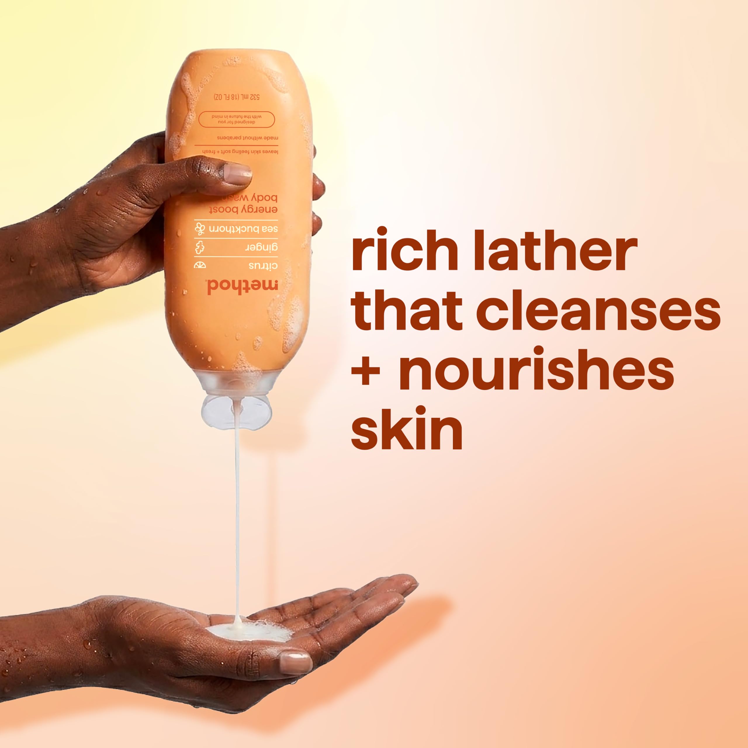 method Body Wash, Energy Boost - Leaves Skin Feeling Soft & Moisturized, Made Without Parabens, Notes of Citrus, Ginger & Sea Buckthorn, 18 fl oz - 6 pack