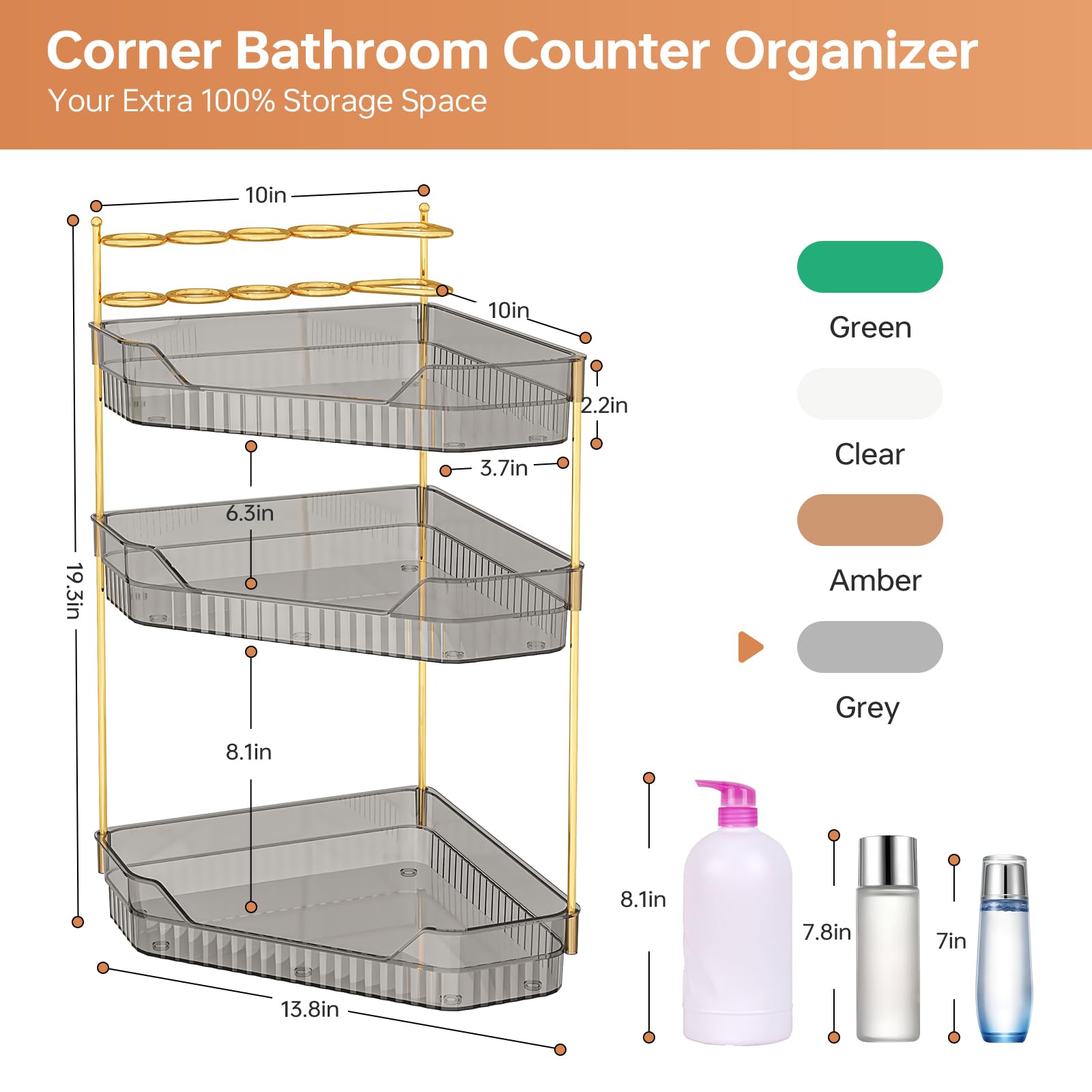 ZZWILLB Corner Bathroom Counter Organizer with Makeup Brush Holder & Toothbrush Holders, Makeup Organizer for Vanity Countertop, Acrylic Skincare Storage Shelf (Grey, 3-Tier)