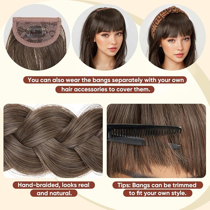 SARLA Braided Headband with 3 Detachable Clip in Bangs Fringe Hairpieces Fake Synthetic Hair Band Bangs for Women Red Vivo
