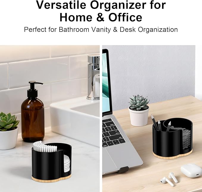 PENGARO Cotton Pad and Swab Holder, Q tip Holder Round Cotton Pad Dispenser Plastic Cotton Swabs Dispenser, Bathroom Accessories Storage Organizer for Cotton Pads Floss Picks, Black