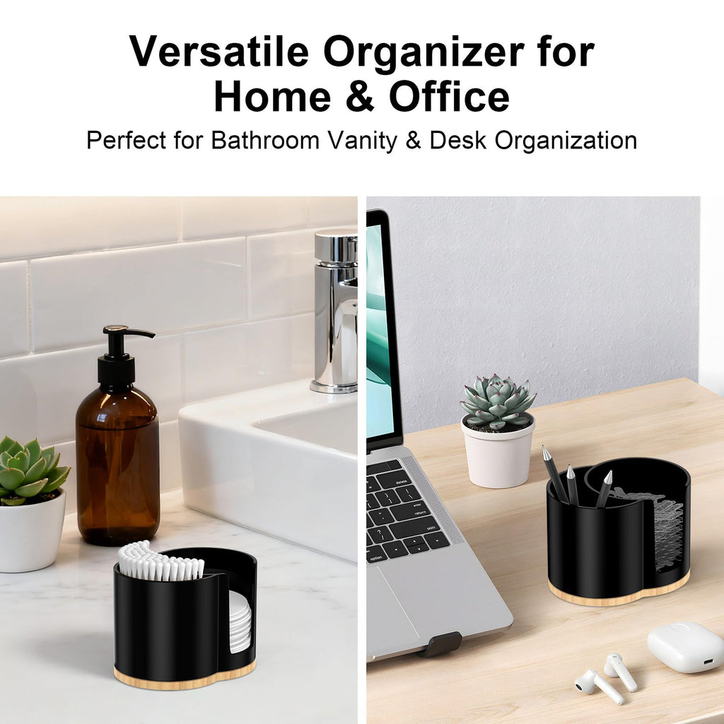 PENGARO Cotton Pad and Swab Holder, Q tip Holder Round Cotton Pad Dispenser Plastic Cotton Swabs Dispenser, Bathroom Accessories Storage Organizer for Cotton Pads Floss Picks, Black