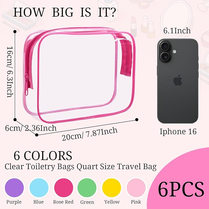 CHICAUP 6 Pieces Clear Makeup Bags Bulk TSA Approved Toiletry Bag for Travel PVC Waterproof Clear Cosmetic Pouch with Zipper for Men and Women Carry-on Travel Essentials