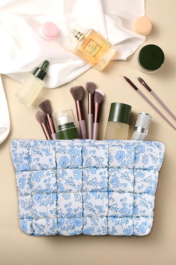 HFLZBRO Puffy Quilted Makeup Bag, Cosmetic Bag, Travel Toiletry Organizer Pouch, Clutch for Women (Blue Floral)