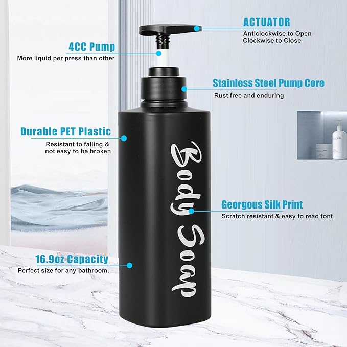 AUMIO 16.9oz Bathroom Soap Dispenser Set, Refillable Shampoo and Conditioner Bottles, Empty Bottles with Pump for Shampoo, Conditioner, or Body Wash, Matte Black Shower Dispensers, Set of 3