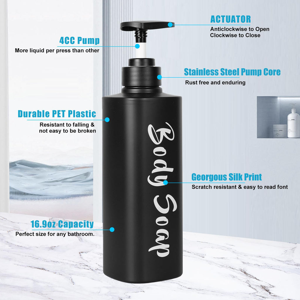 AUMIO 16.9oz Bathroom Soap Dispenser Set, Refillable Shampoo and Conditioner Bottles, Empty Bottles with Pump for Shampoo, Conditioner, or Body Wash, Matte Black Shower Dispensers, Set of 3