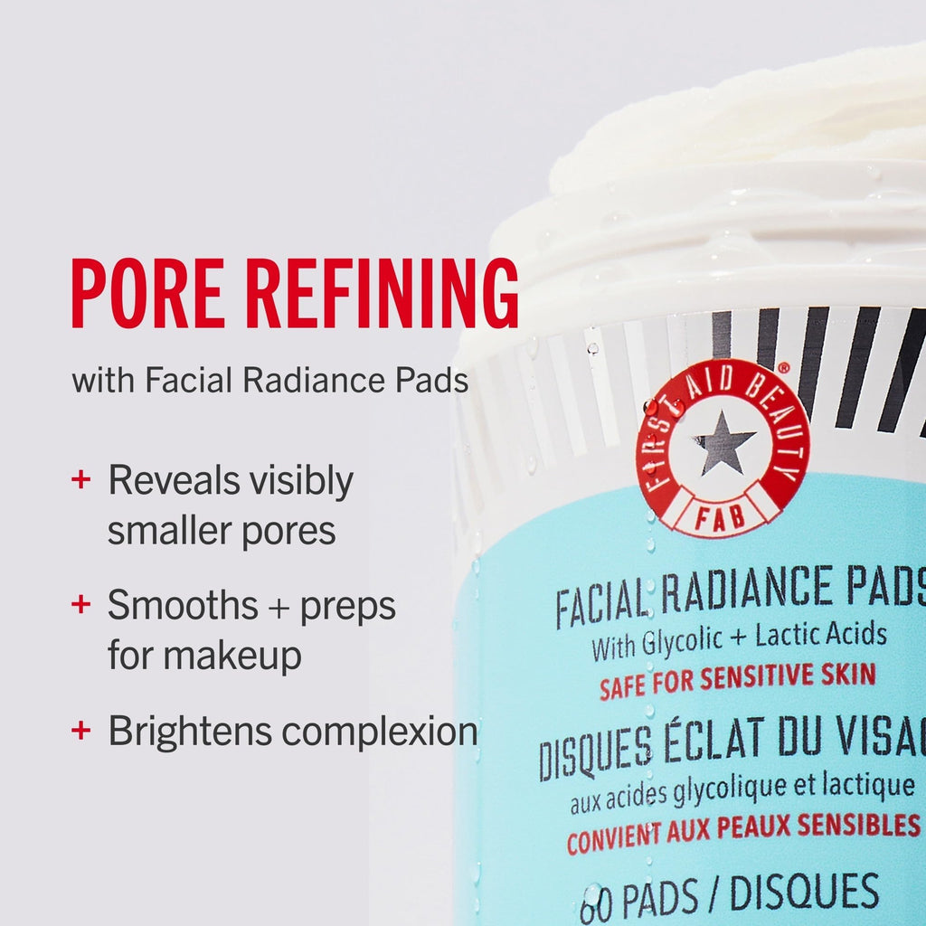 First Aid Beauty - Facial Radiance Pads with Glycolic & Lactic Acids, Daily Exfoliating Pads with AHA, Visibly Smaller Pores, Help Tone & Brighten Skin, One-Step Makeup Prep, Compostable, 60