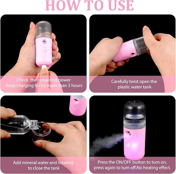 Honoson 2 Pack Nano Facial Mister Spray Bottle Handheld Humidifier Portable Face Mister for Eyelash Extensions USB Rechargeable 1 oz Mini Skin Care Machine for Daily Makeup(Pink)