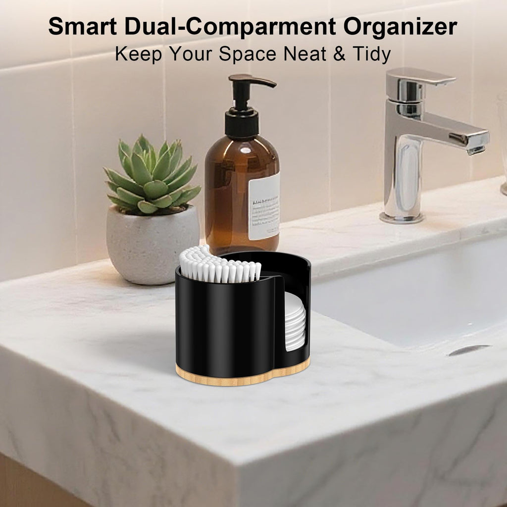 PENGARO Cotton Pad and Swab Holder, Q tip Holder Round Cotton Pad Dispenser Plastic Cotton Swabs Dispenser, Bathroom Accessories Storage Organizer for Cotton Pads Floss Picks, Black